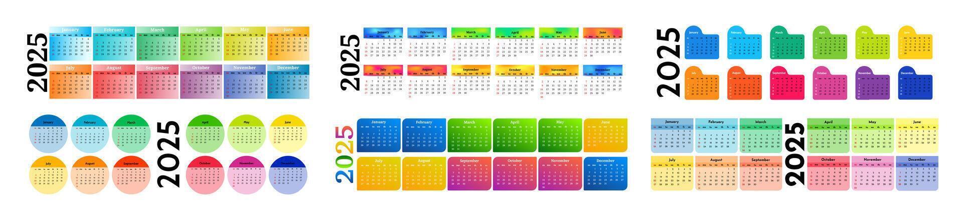 Set of six horizontal calendars for 2025 isolated on a white background. Sunday to Monday, template vector