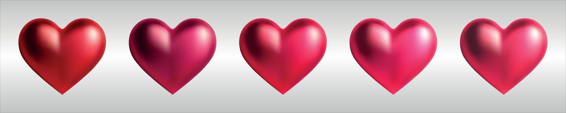 Glossy hearts on minimalist background in red, crimson, pink colors. Mesh gradient icon. Love romantic design. Template for holiday cards, Valentine's day, happy wedding. vector