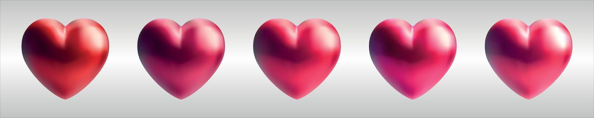 Glossy hearts on minimalist background in red, carmine, pink colors. Mesh gradient icon. Love romantic design. Template for holiday cards, Valentine's day, happy wedding. vector