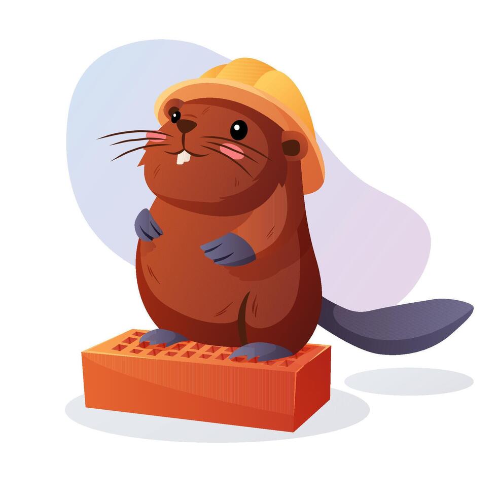 Beaver construction worker standing on a brick illustration vector
