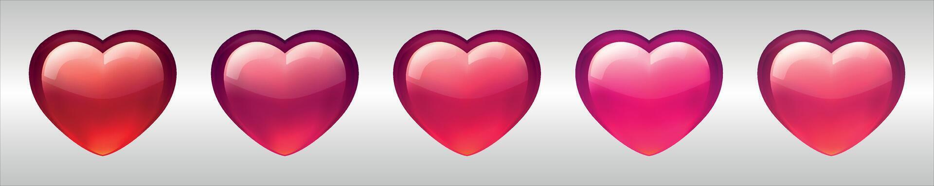 Glossy hearts on minimalist background in red, pink, maroon colors. Mesh gradient icon. Love romantic design. Template for holiday cards, Valentine's day, happy wedding. vector