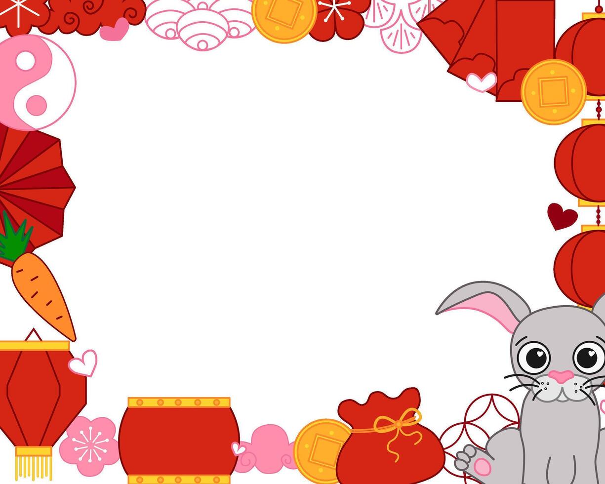 Chinese New Year 2035 bunny rabbit modern art design in red, gold and white colors for cover, card, poster, banner with trendy geometric pattern. Lunar lantern festival, rectangle frame vector