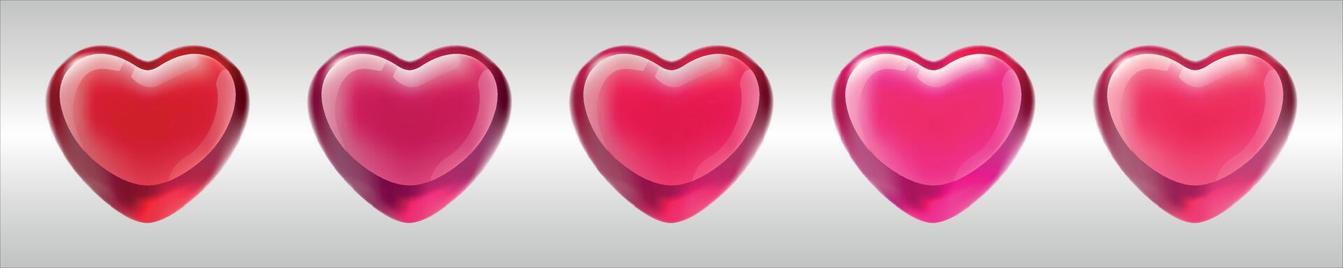 Glossy hearts on minimalist background in red, pink, carmine colors. Mesh gradient icon. Love romantic design. Template for holiday cards, Valentine's day, happy wedding. vector