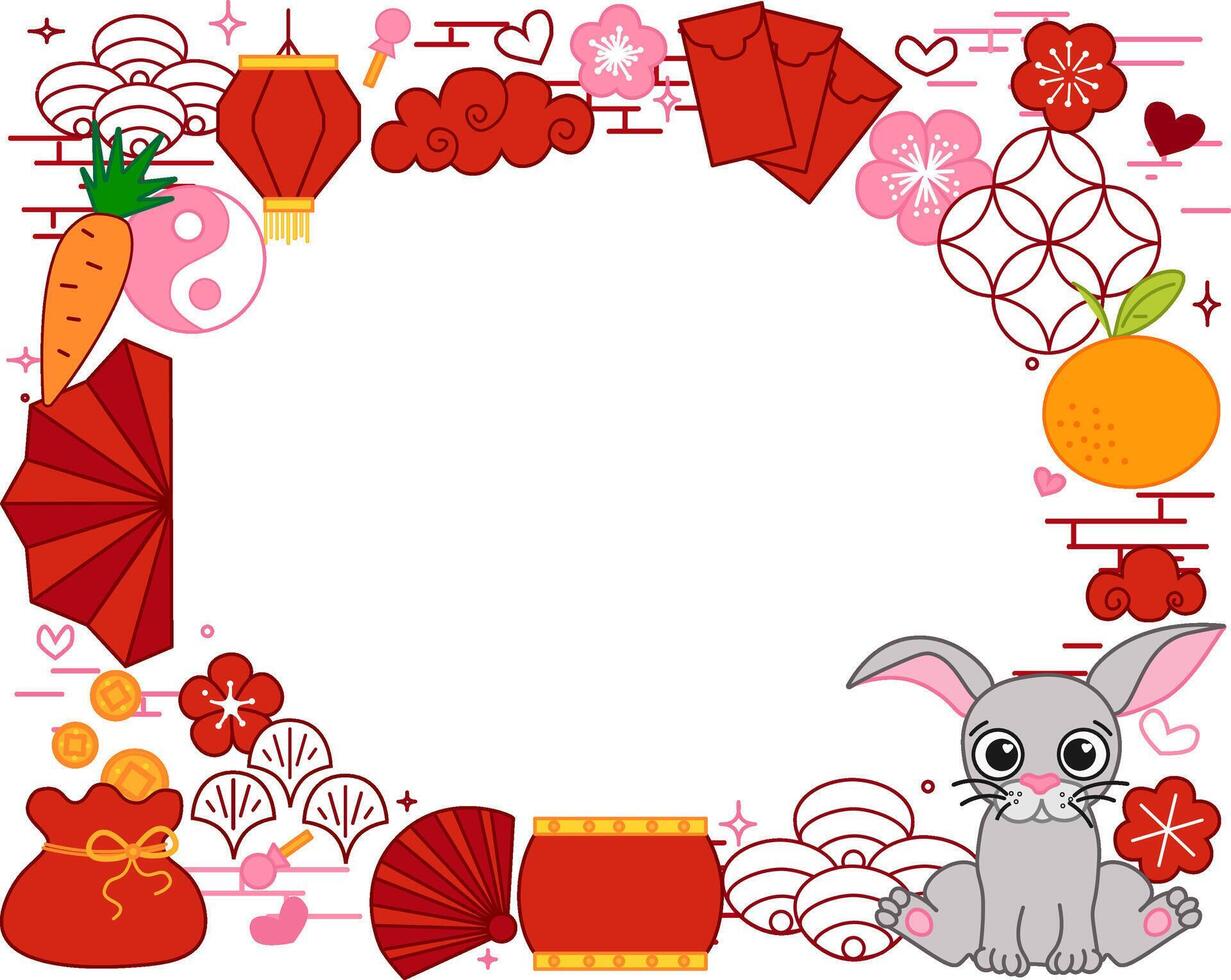Chinese new year 2035 bunny rabbit rectangle oval frame. graphic line Asia oriental traditional ornament, frame and border. Lunar lantern festival illustration template vector