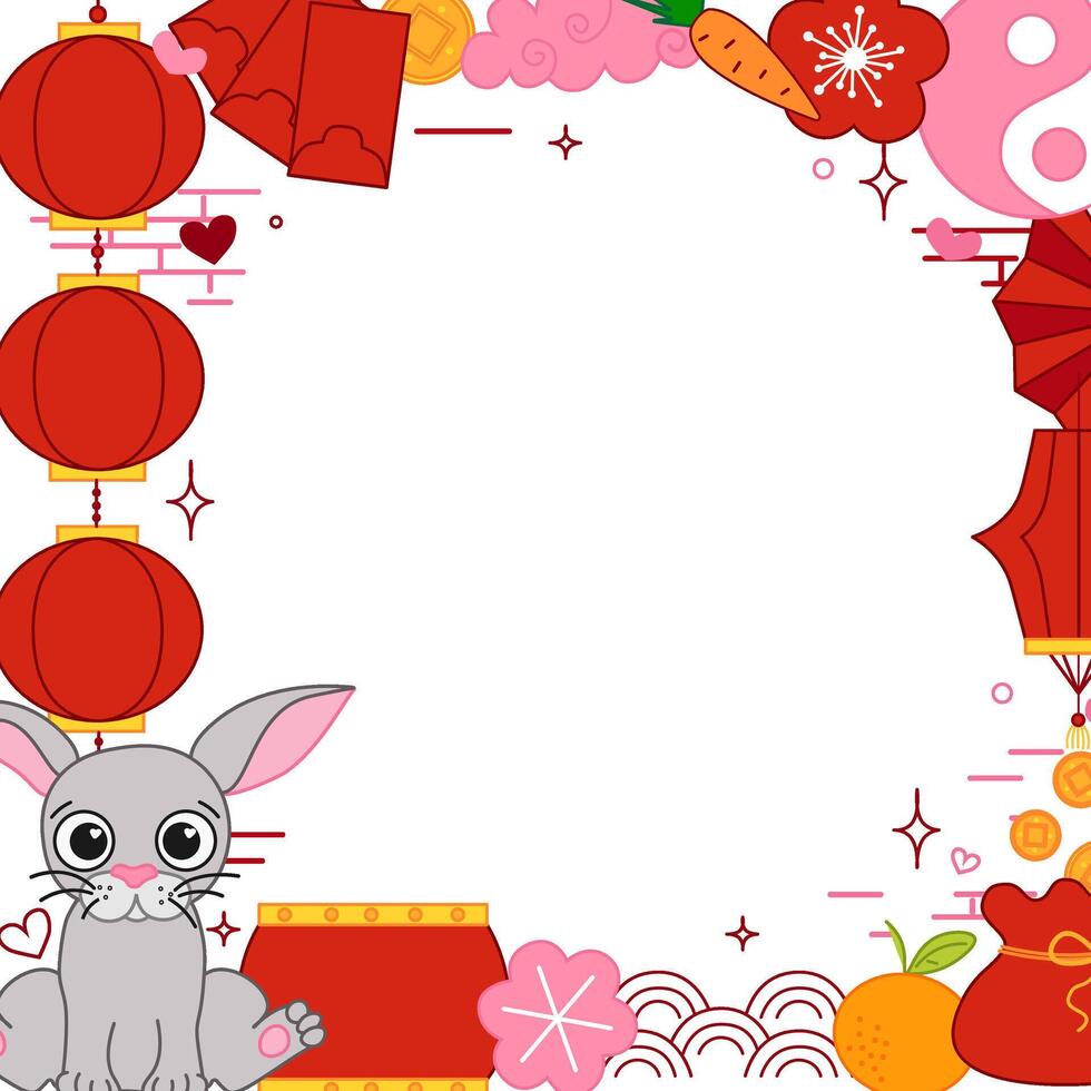 Classic Chinese elements 2035 bunny rabbit lunar lantern festival CNY graphic line style square frame scroll board decoration vector