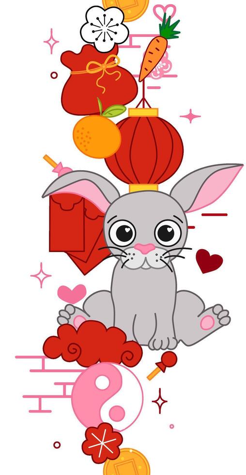 Traditional China new year elements seamless vertical border 2035 year of Rabbit bunny Isolated. Graphic line Illustration. Lunar New Year Decorative Banner. Chinese New Year Elements Set vector
