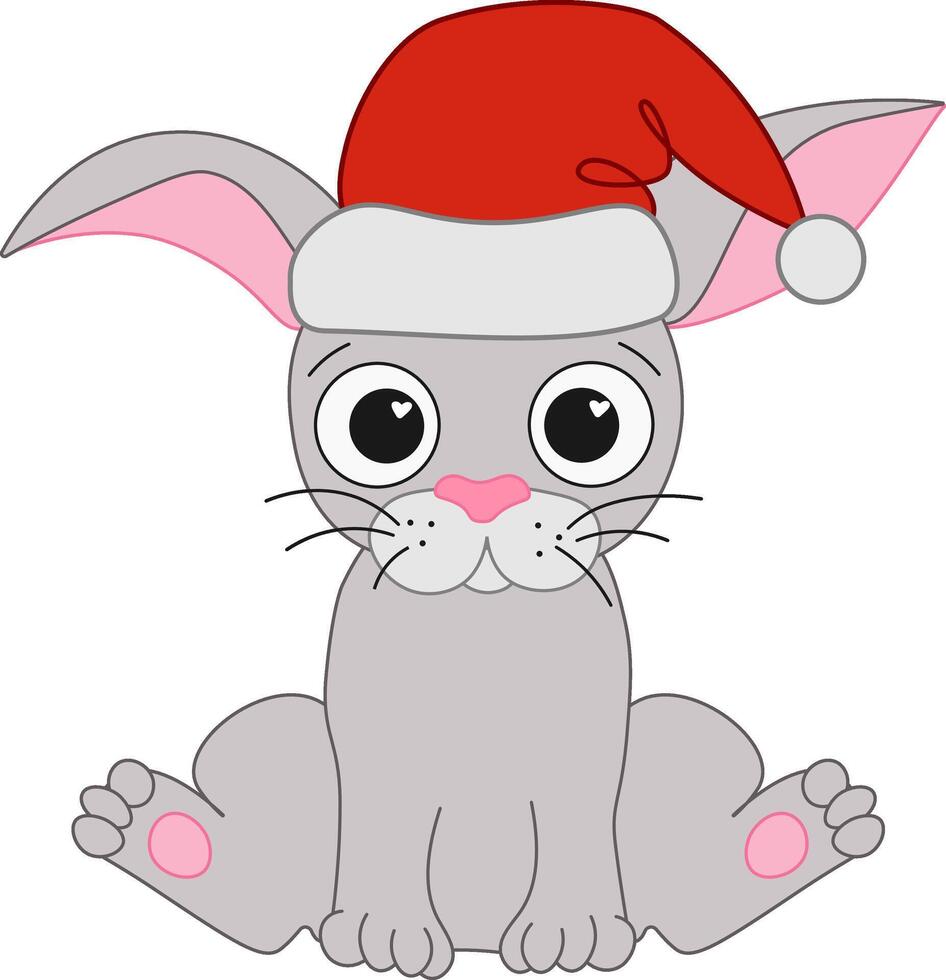 Cute Christmas Bunny with Santa Hat graphic line Illustration. Chinese new year 2035 Rabbit lunar lantern festival vector