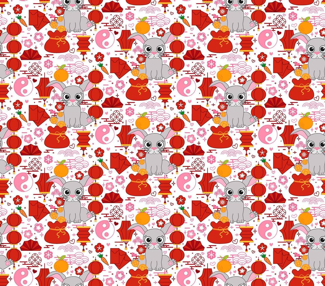 chinese new year elements seamless pattern 2035 rabbit bunny. Lantern lunar festival graphic line illustration vector