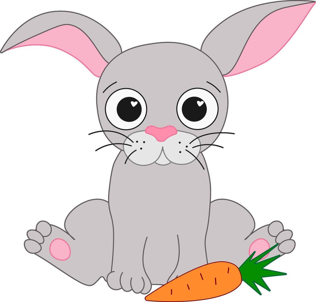 Cartoon happy rabbit bunny with a carrot, cute graphic line illustration. Chinese new year 2035 Rabbit lunar lantern festival vector