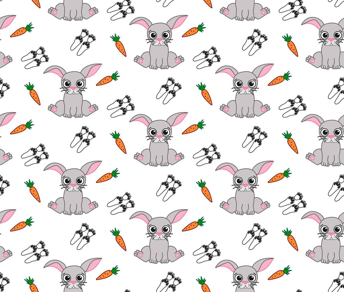 Baby bunny rabbit seamless pattern with carrots and footsteps. repeat background, cute spring easter hare surface design. Sweet hand drawn bunnies. Naive kid illustration vector