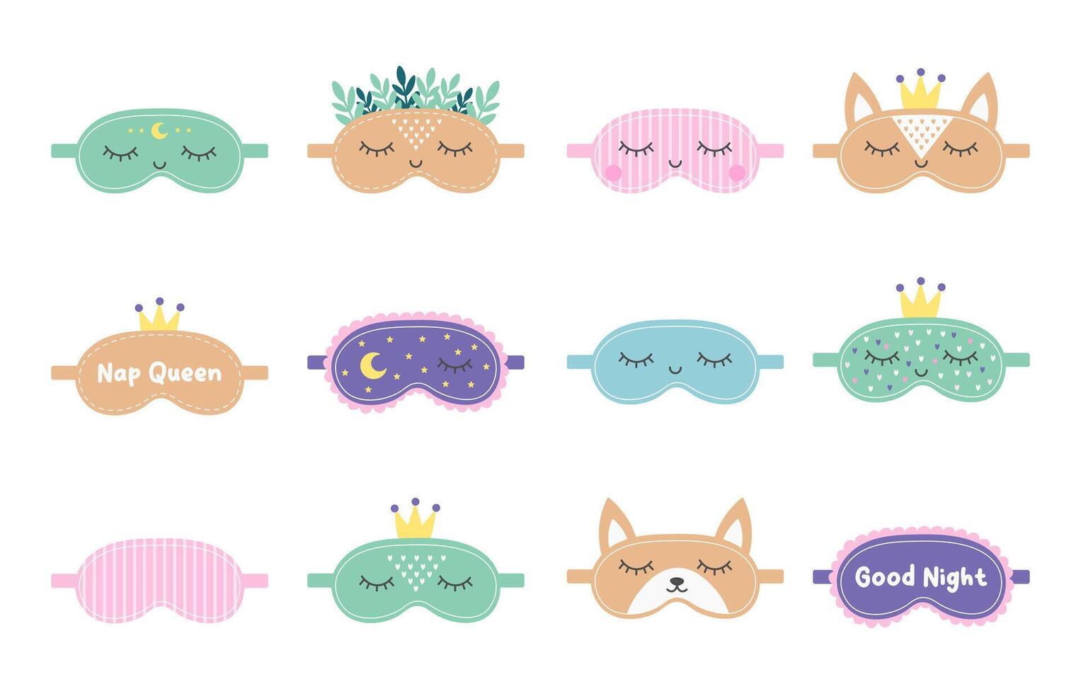Set of cute sleep masks. Flat icons vector