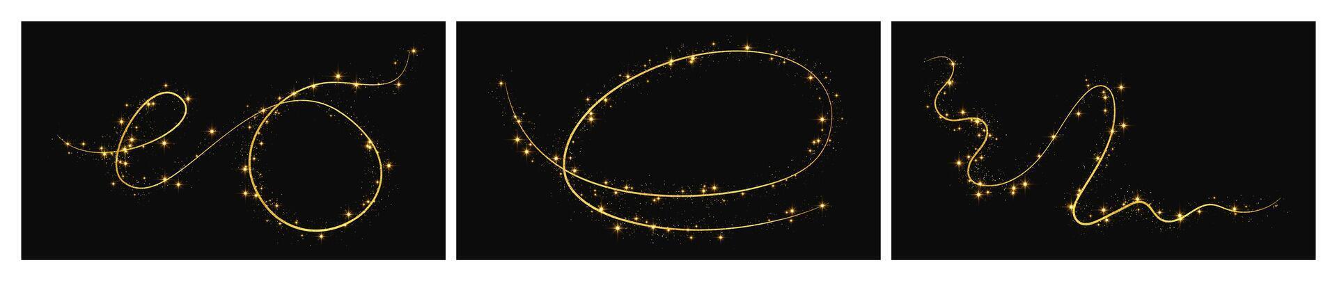 Gold glittering confetti wave and stardust. Set of three backdrops with golden magical sparkles on background. illustration vector