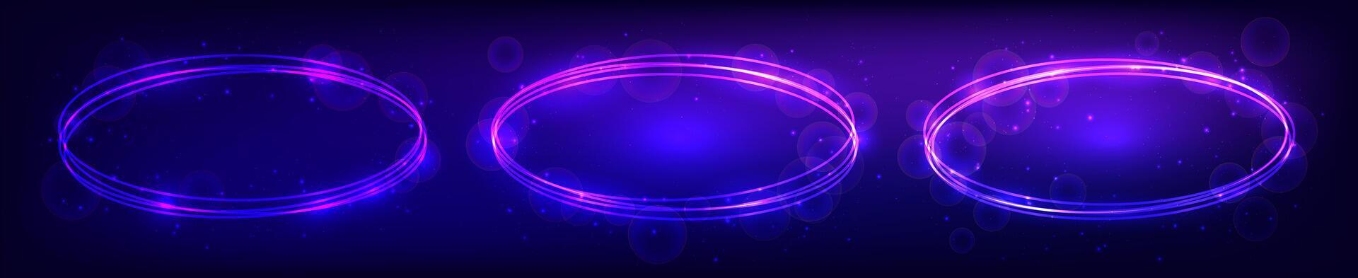Set of three neon oval frames with shining effects and sparkles on dark background. Empty glowing techno backdrop. illustration vector