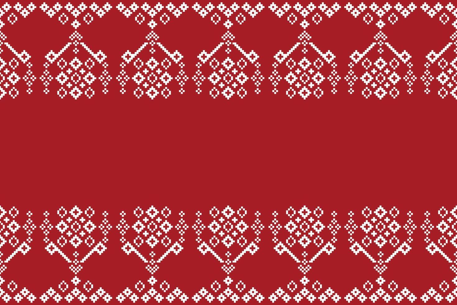 Red color background ethnic pattern motif cross stitch fabric pattern decoration cross stitch motif. vector