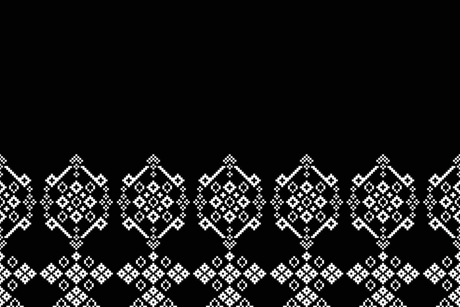 Cross stitch fabric pixel black color background with ethnic pattern motif cross stitch fabric pattern. vector