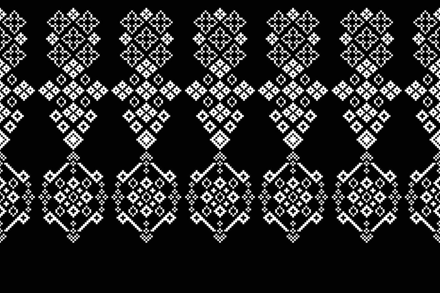 Black color background with ethnic pattern motif cross stitch fabric pattern design. vector