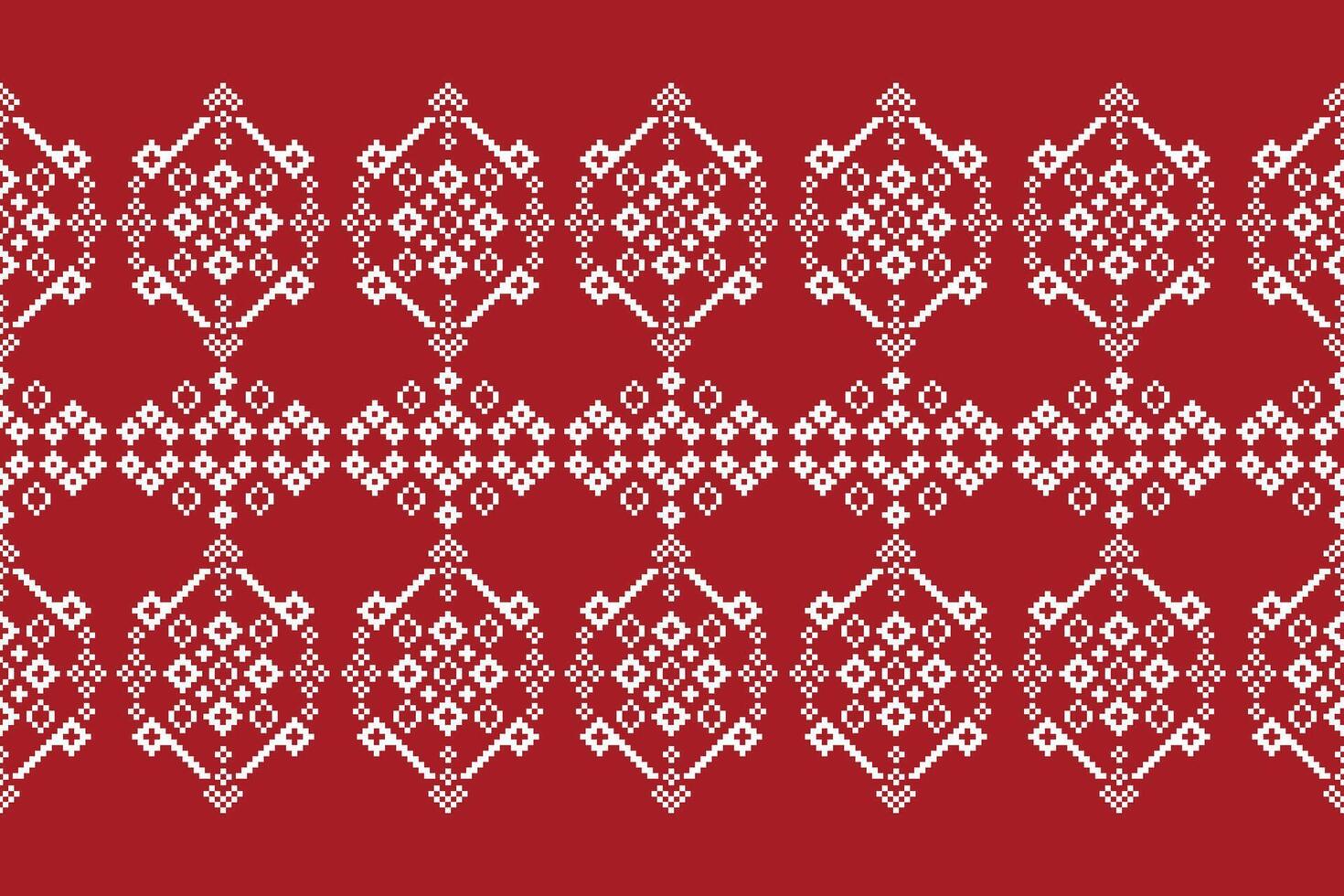 Cross stitch fabric pattern pixel red color background ethnic pattern motif cross stitch fabric pattern decoration. vector