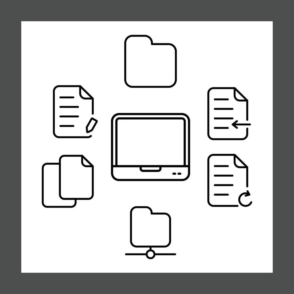 A central laptop icon surrounded by various document and folder icons vector