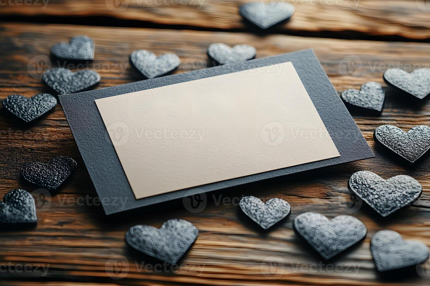 Rustic Valentine's Day Card Design with Dark Wooden Background and Heart Accents photo