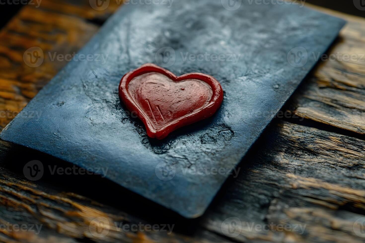 Romantic Vintage Red Wax Heart Seal on an Aged Blue Envelope for Love Letters and Correspondence photo