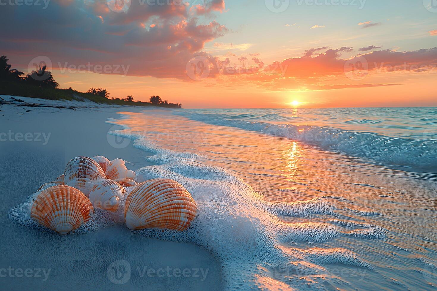 Serene Beach Sunset with Seashells on Shoreline for Tranquil Summer Design photo