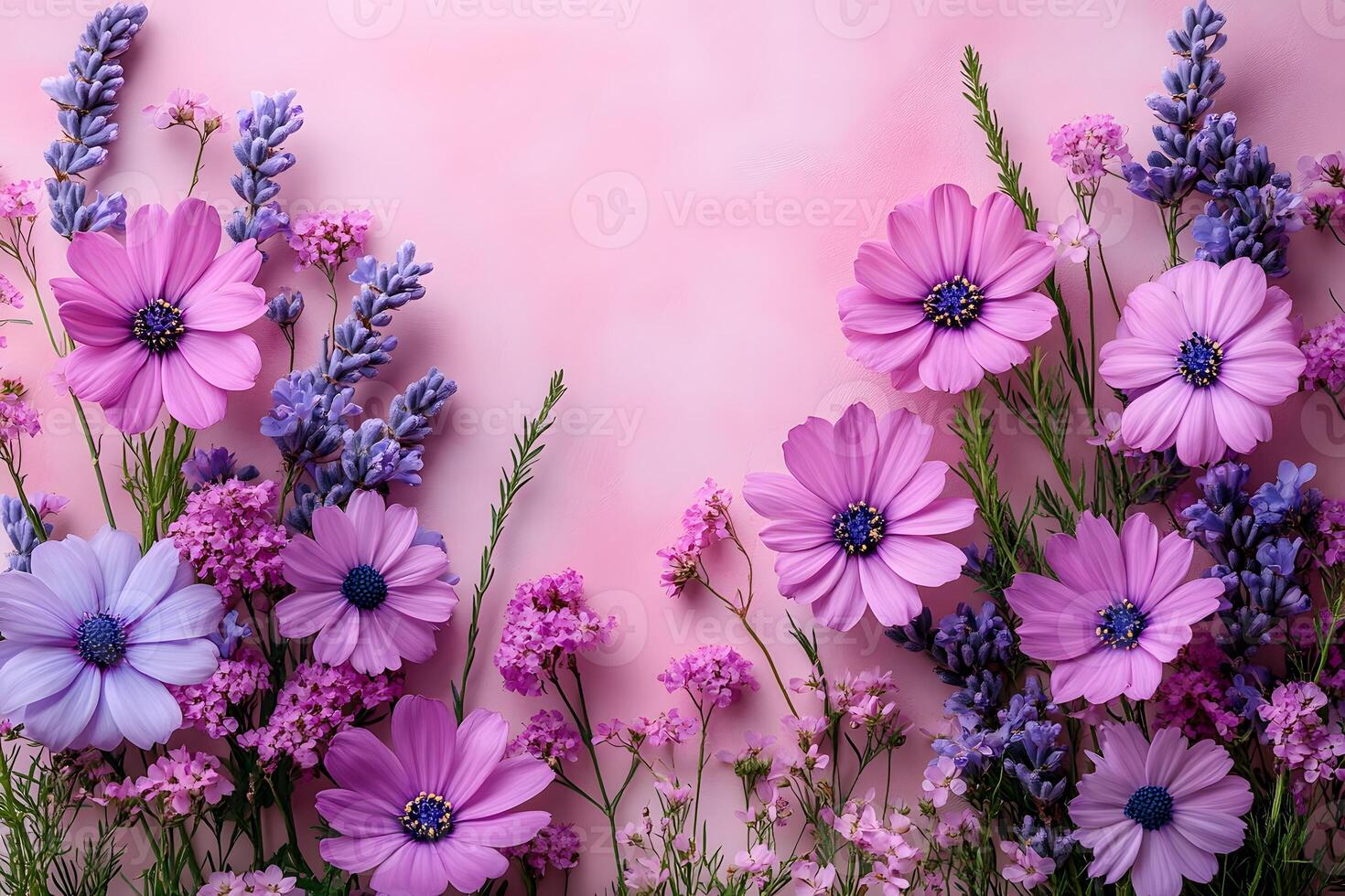Vibrant Floral Arrangement with Pink and Purple Flowers on Pastel Background - Ideal for Spring Design Projects photo