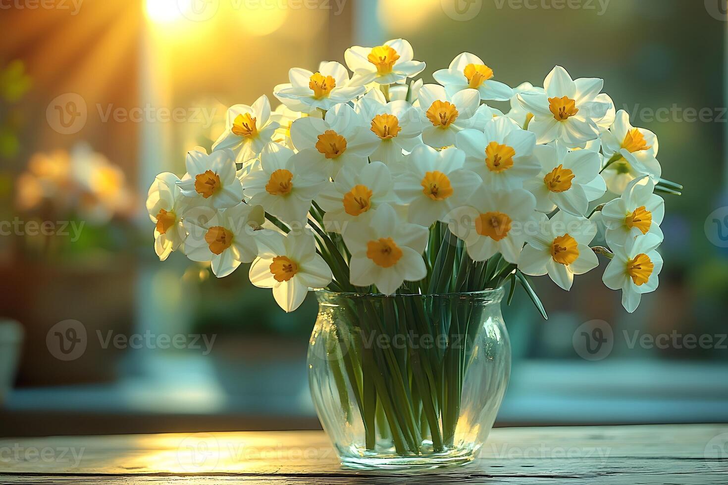Spring Daffodils in Glass Vase at Sunrise for Home Decor and Seasonal Design photo