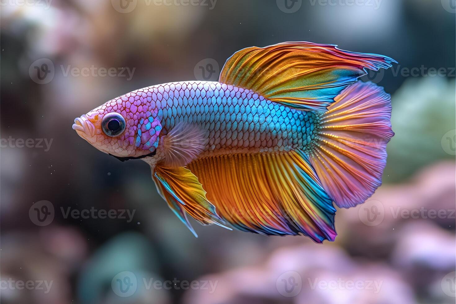 Vibrant Betta Fish Displaying Colorful Fins in Aquarium Setting photo