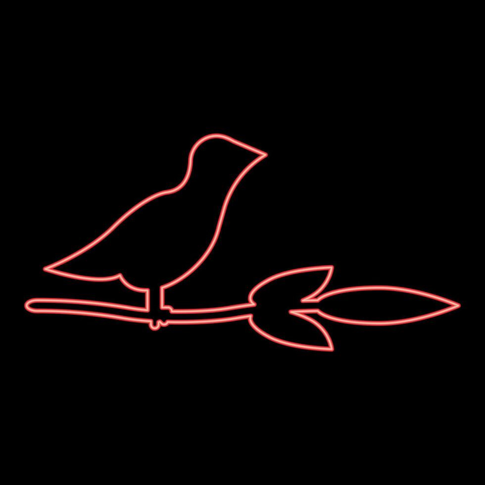 Neon bird on branch with leaves silhouette spring concept red color style vector