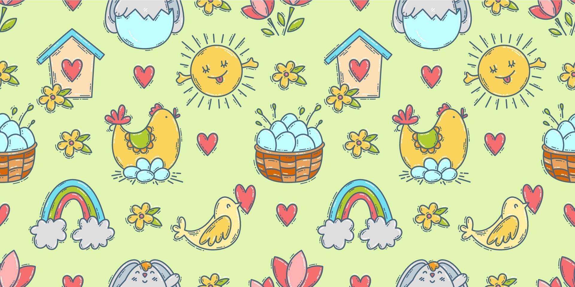 Easter doodle icons seamless pattern, hand-drawn spring hunt season theme background, cute bunny chick flower collection. vector