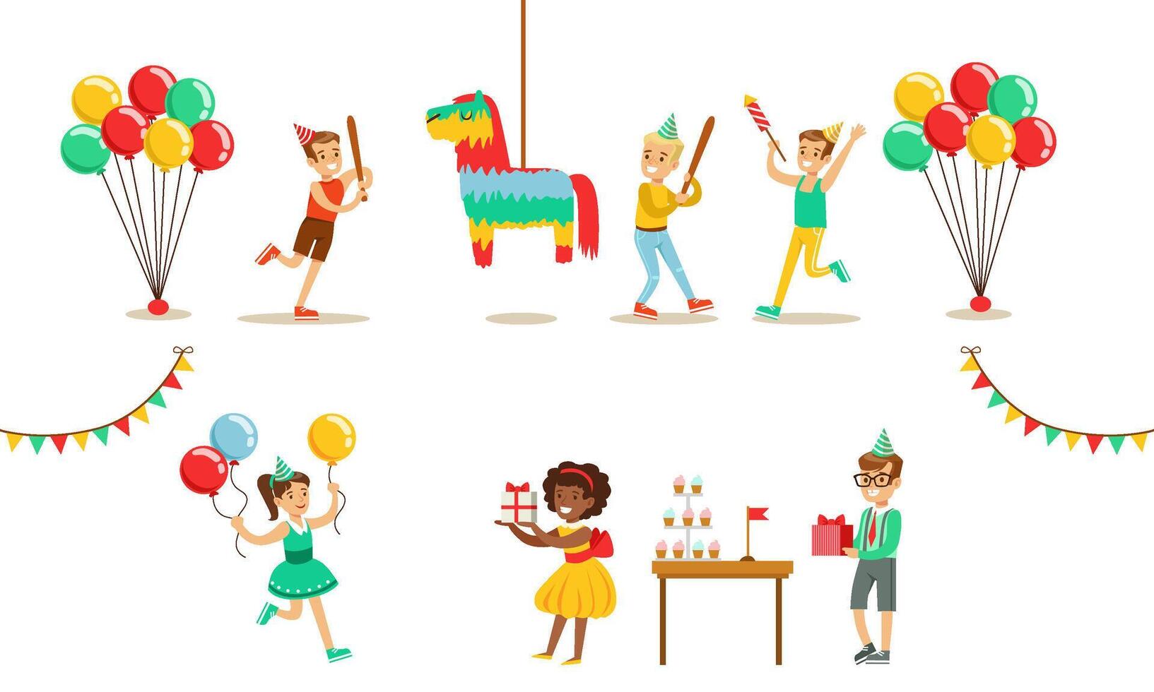 Kids Celebrating Birthday Set, Boy Going to Broke the Pinata, Boys nd Girls Having Fun at Birthday Party Illustration vector