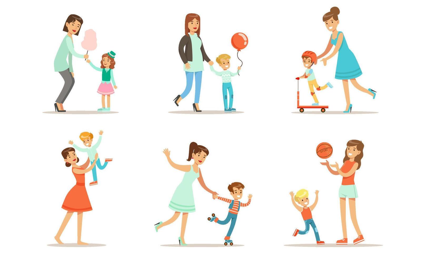 Happy Mothers Playing, Having Fun and Enjoying Good Time with Their Cute Kids Set Illustration vector