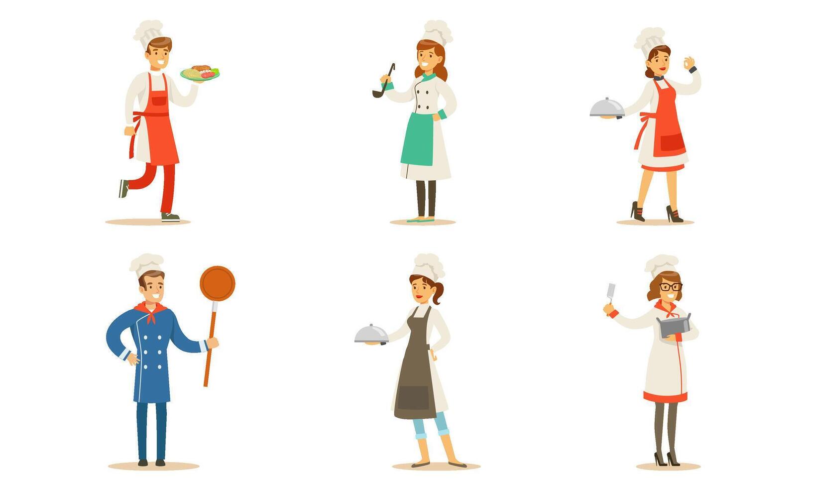 Chefs Cooking and Serving Various Food Set, Professional Kitcheners in Uniform with Culinary Tools and Tasty Dishes Illustration vector