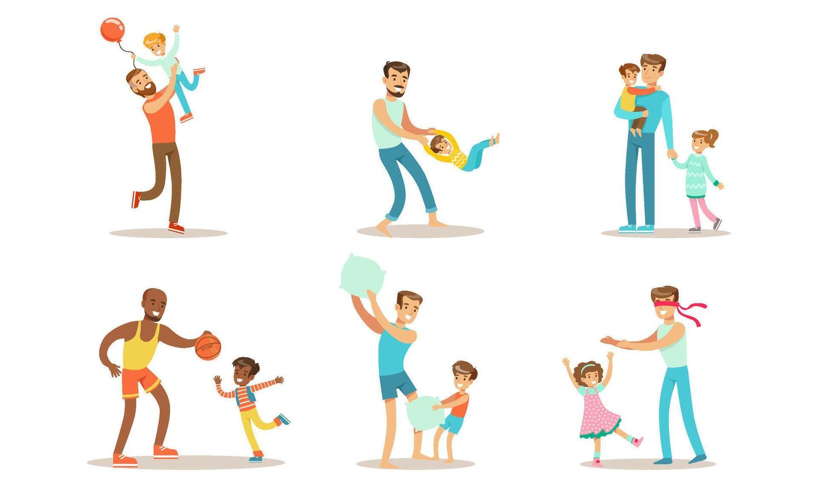 Happy Fathers Playing, Having Fun and Enjoying Good Time with Their Kids Set Illustration vector