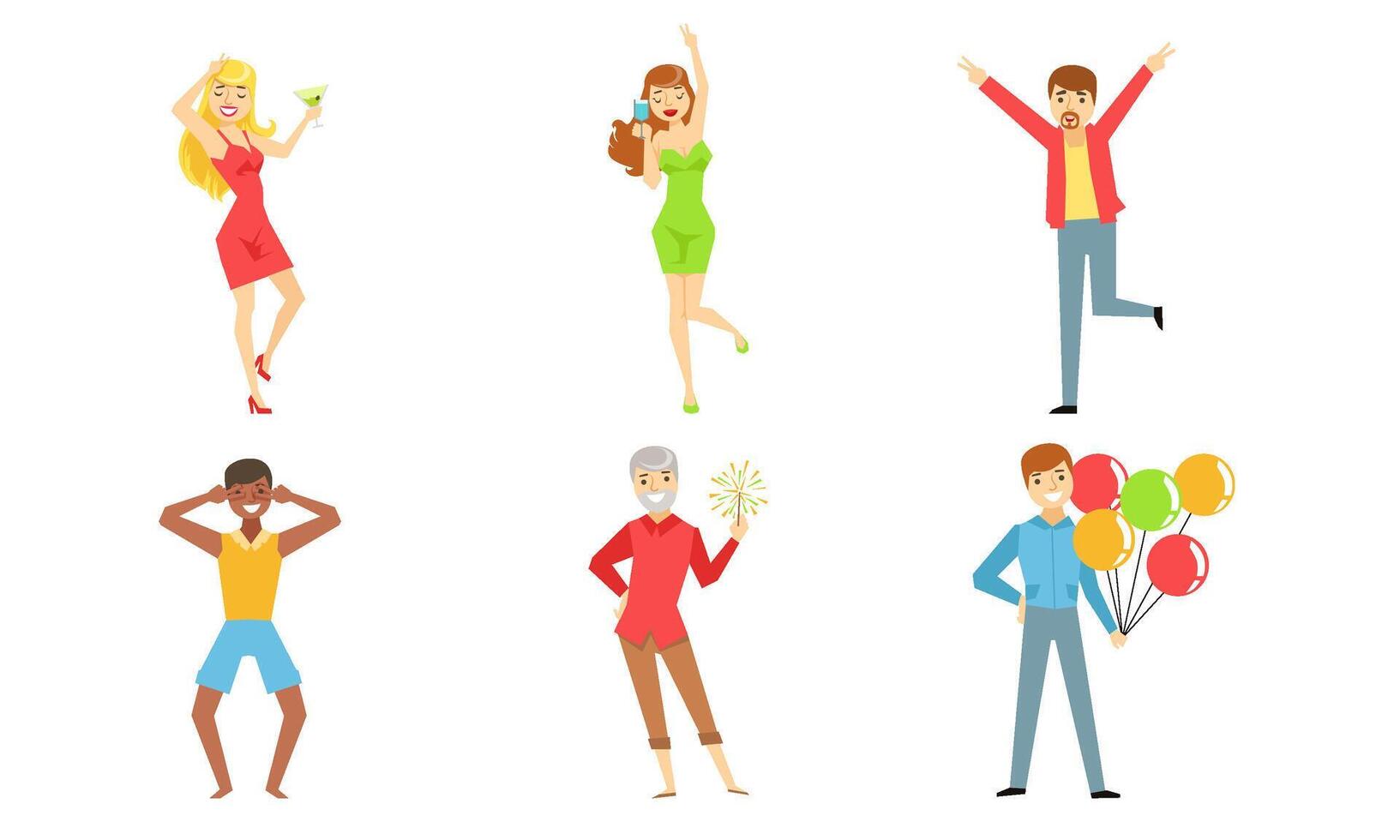 Celebrating People Set, Happy Young Men and Women Dancing, Drinking Alcohol Drinks, Having Fun at Party Illustration vector