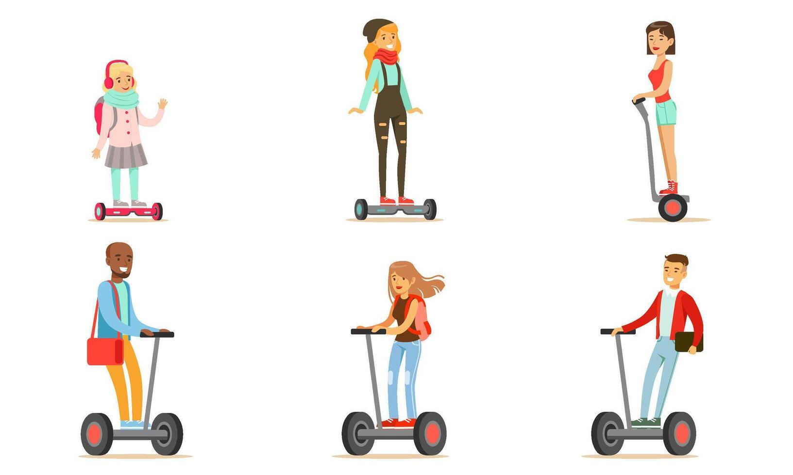 People Riding Self Balancing Scooters with Two Wheels, Young Men and Women Using Modern Individual Electric Transport Illustration vector