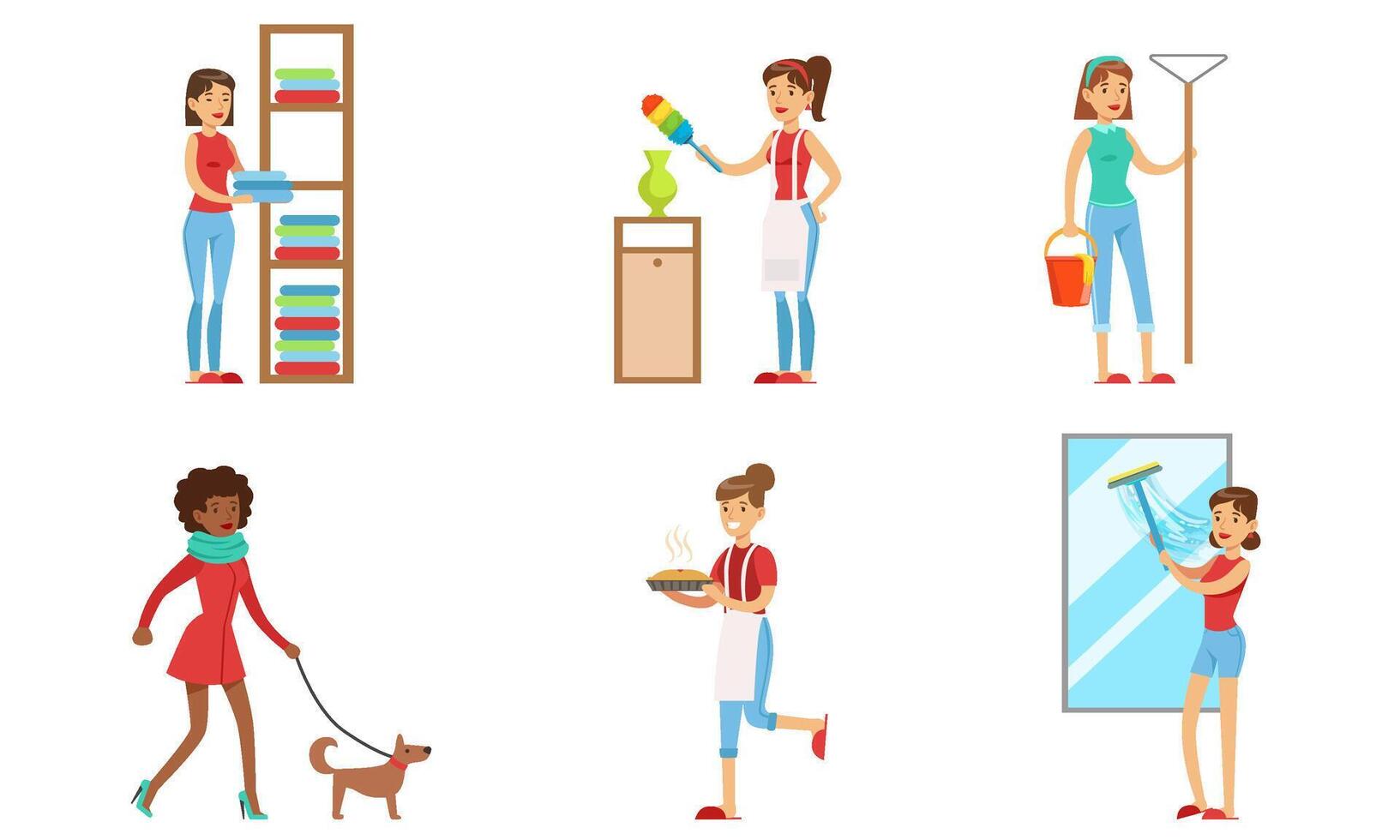 Women Cleaning Home and Doing Housework Set, Housewives Characters Daily Routine Illustration vector