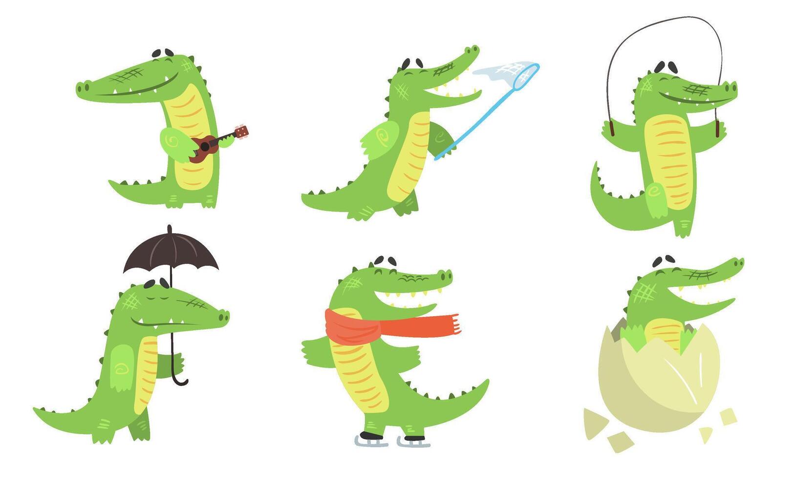Cute Crocodile Cartoon Character Set, Funny Humanized Reptile Alligator Animal Different Activities Illustration vector