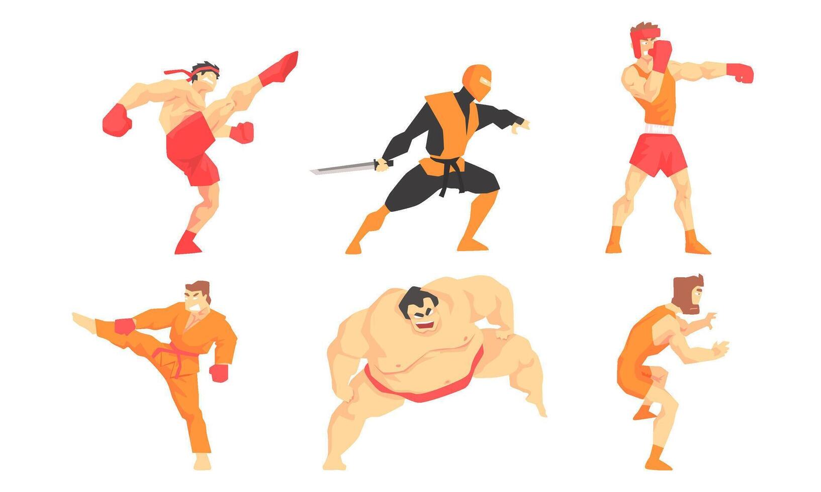 Asian Martial Arts Fighters Set, Male Professional Athletes Practicing Different Technique Kicks, Wushu, Boxing, Sambo, Sumo Illustration vector