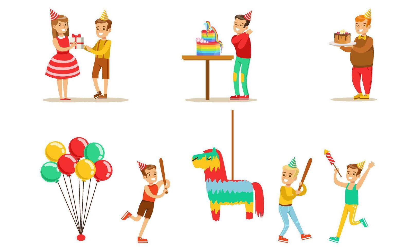 Kids Celebrating Birthday Set, Boy Going to Broke the Pinata, Children Having Fun at Birthday Party with Cake and Gifts Illustration vector