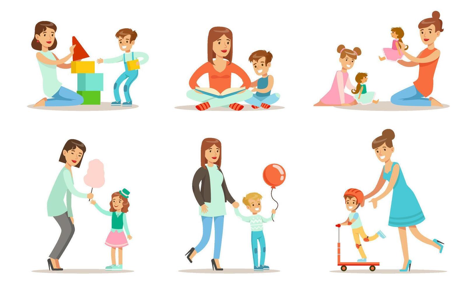 Happy Mothers Playing, Having Fun and Enjoying Good Time with Their Kids Set Illustration vector