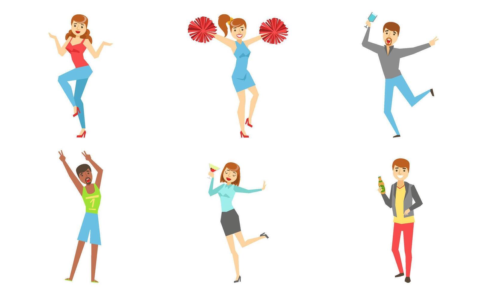 Celebrating People Set, Happy Young Men and Women Dancing, Jumping, Drinking Alcohol Drinks Illustration vector