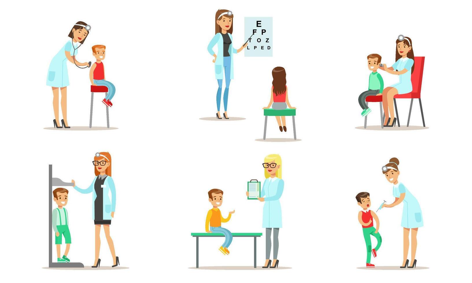 Doctor Doing Medical Examination and Vaccination of Kids Set, Boys and Girls Examining at Pediatrician, Ophthalmologist, Otolaryngologist Illustration vector