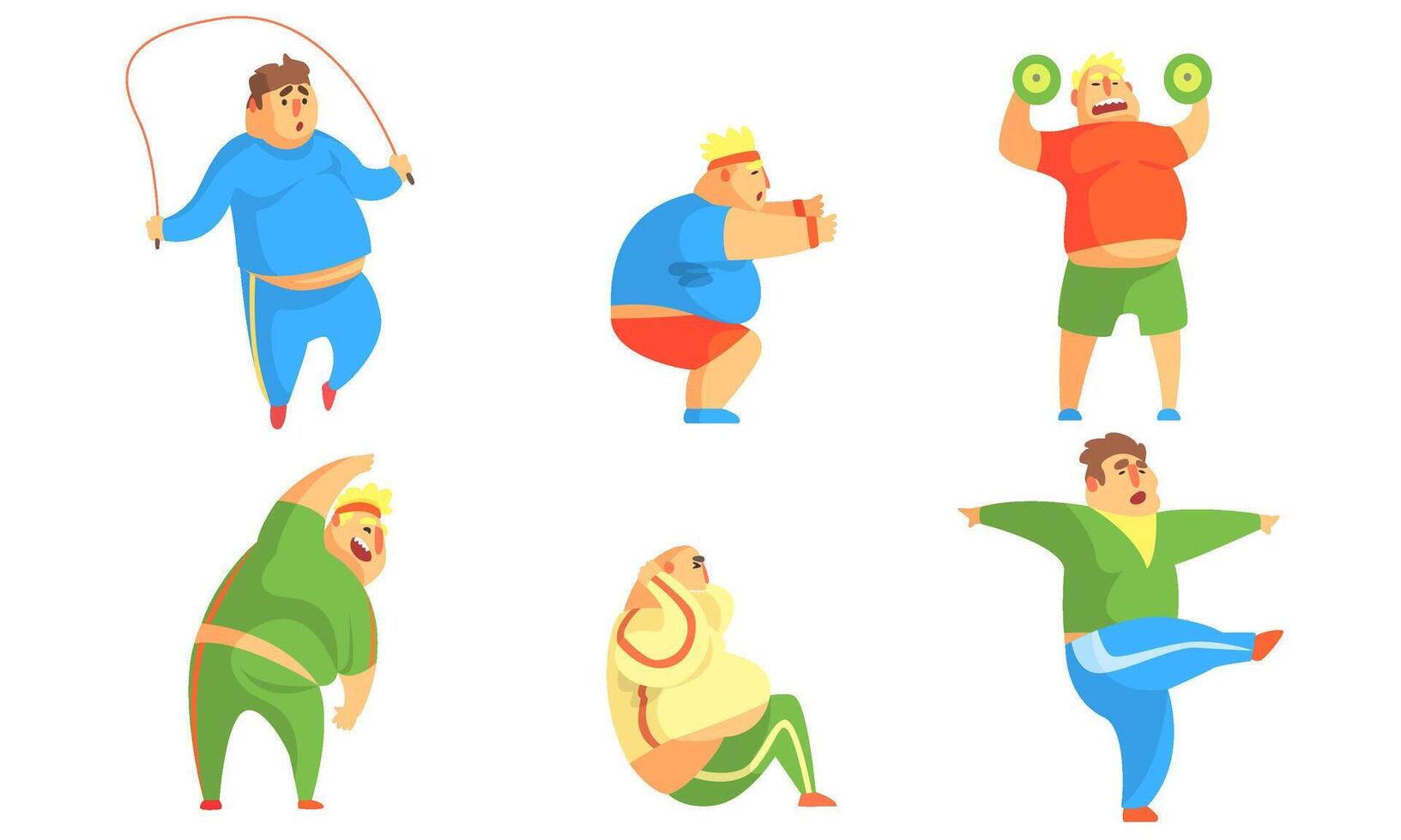 Funny Fat Men Exercising in the Gym Set, Chubby Male Characters Doing Workout Illustration vector