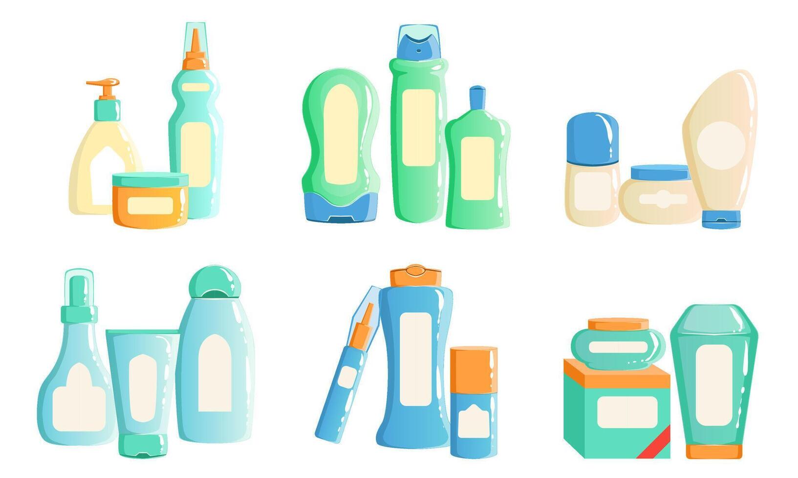 Collection of Cosmetics and Household Chemicals Packaging, Containers, Bottles, Jars, Tubes of Different Colors Illustration vector