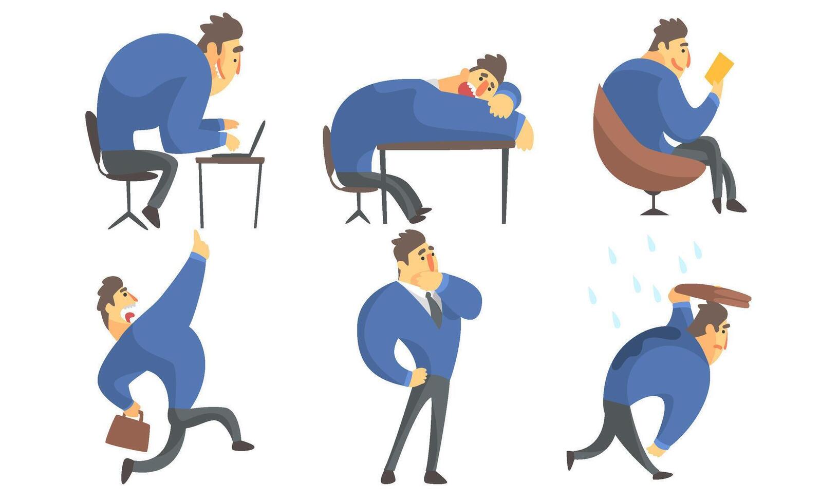 Funny Businessman Cartoon Character in Blue Suit in Different Situations Set Illustration vector