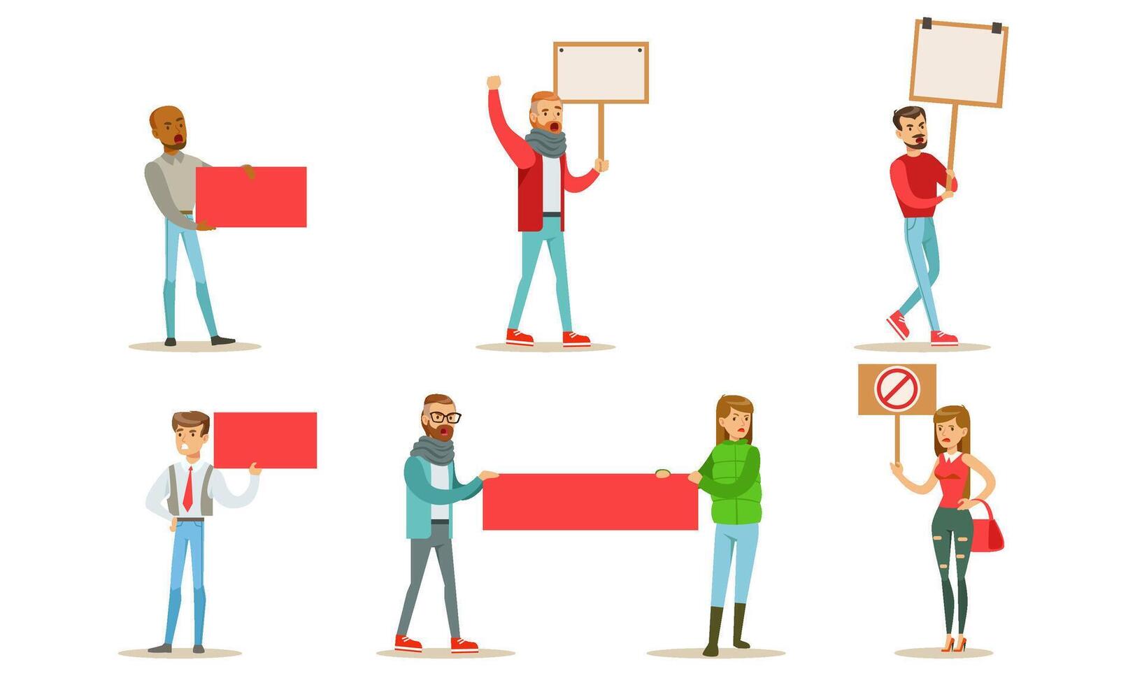 Protesting People Set, Men and Women Holding Blank Banners, Manifesting Activists Taking Part in Political Meeting, Rally, Parade Illustration vector