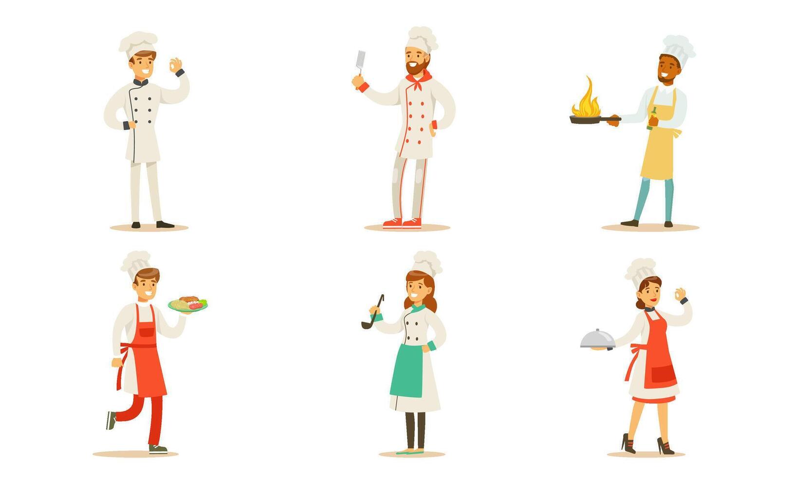 Chefs Cooking and Serving Various Food Set, Professional Kitcheners in Uniform with Culinary Tools Illustration vector
