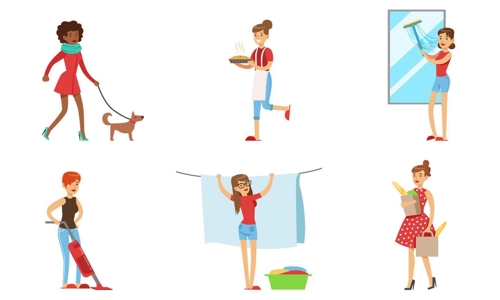 Women Cleaning Home and Doing Housework Set, Housewives Characters Cooking, Vacuuming, Doing Shopping, Walking with Dog Illustration vector