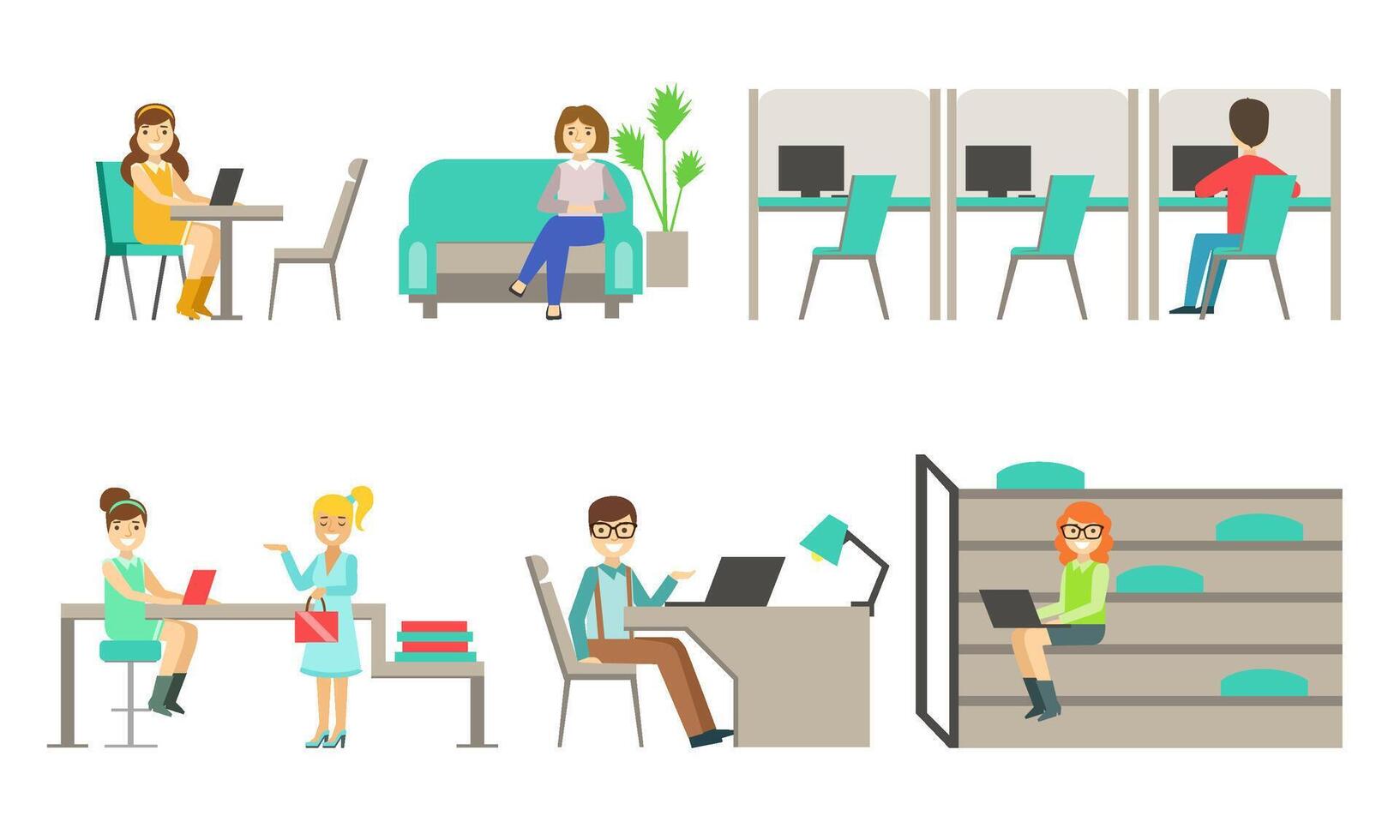 Modern Coworking Center, People Metting,Talking and Working Together at the Computers in the Open Space Office Illustration vector